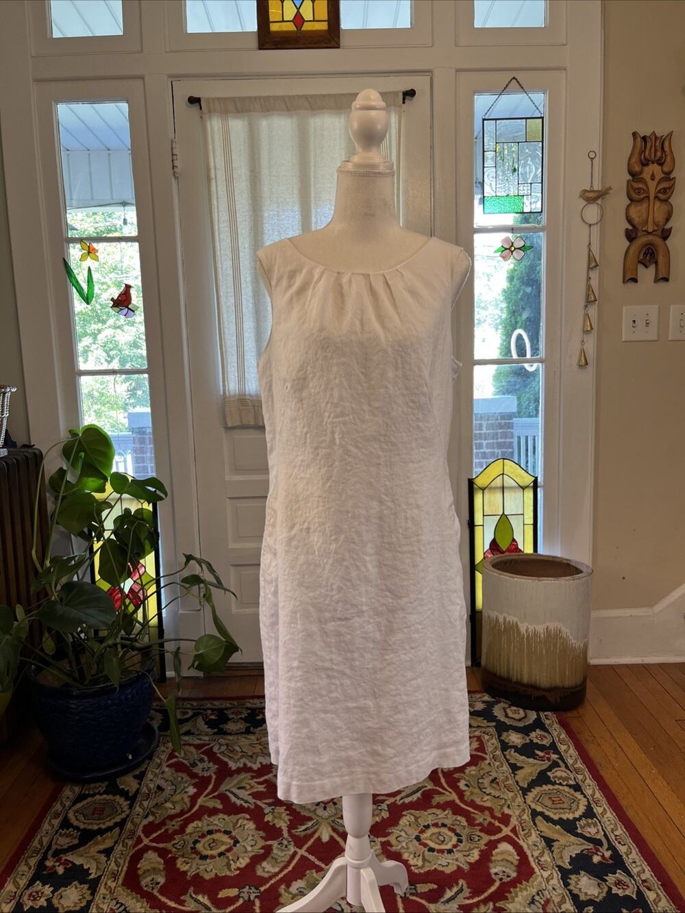 St Tropez West White 100% Linen Sz 12 Short Dress M Boho Lagenlook Lined Classic